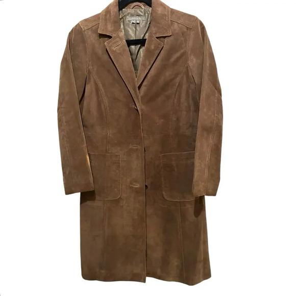 Isabella Bird Brown Genuine suede Leather Button Front Trench Coat Size XS - Picture 1 of 10